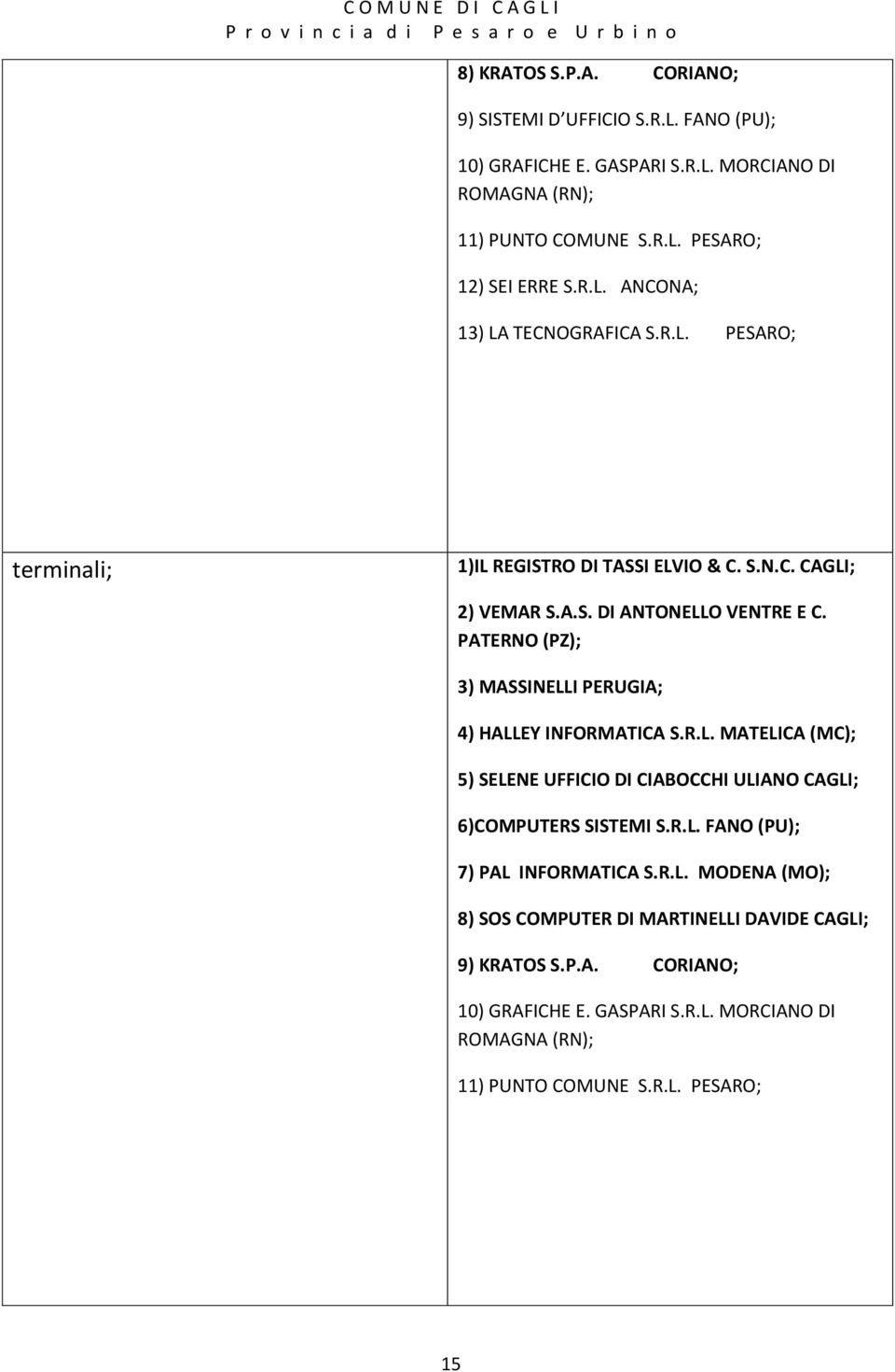 PATERNO (PZ); 3) MASSINELLI PERUGIA; 4) HALLEY INFORMATICA S.R.L. MATELICA (MC); 5) SELENE UFFICIO DI CIABOCCHI ULIANO CAGLI; 6)COMPUTERS SISTEMI S.R.L. FANO (PU); 7) PAL INFORMATICA S.