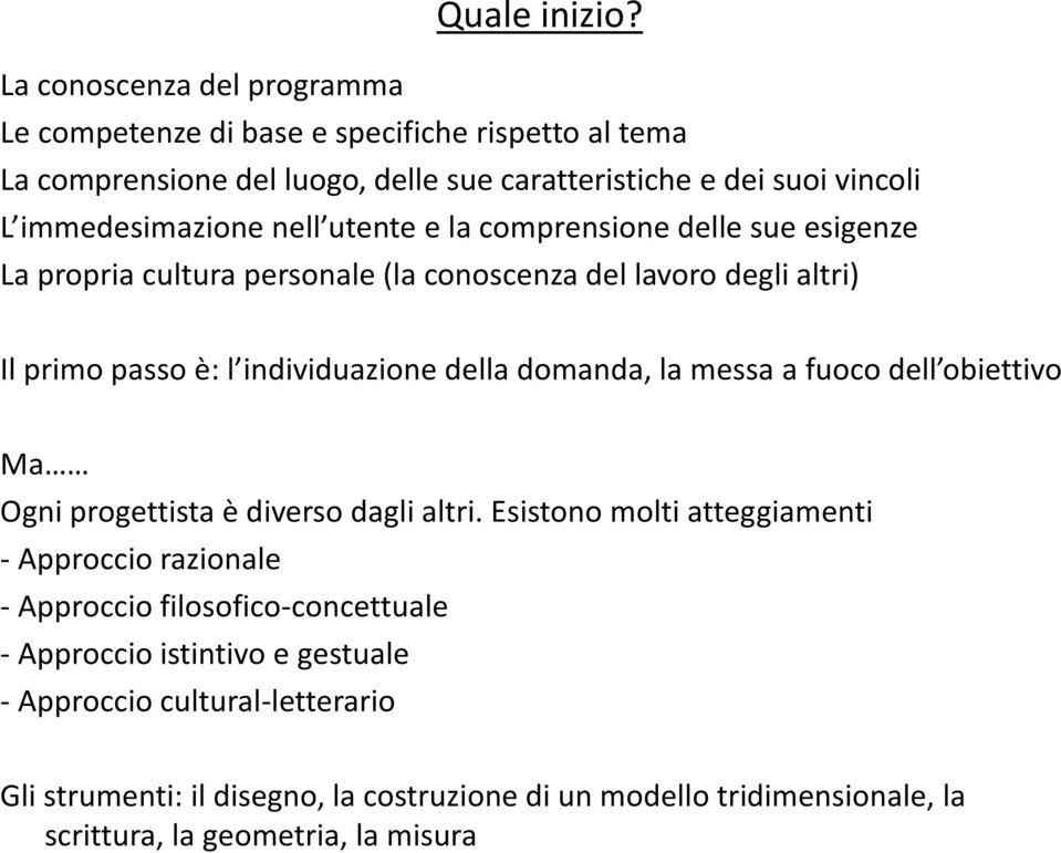 nell utente e la comprensione delle sue esigenze La propria cultura personale (la conoscenza del lavoro degli altri) Il primo passo è: l individuazione della domanda, la