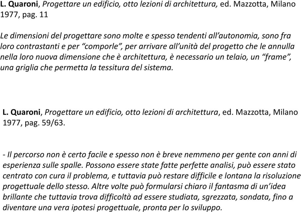 che è architettura, è necessario un telaio, un frame, una griglia che permetta la tessitura del sistema.  59/63.