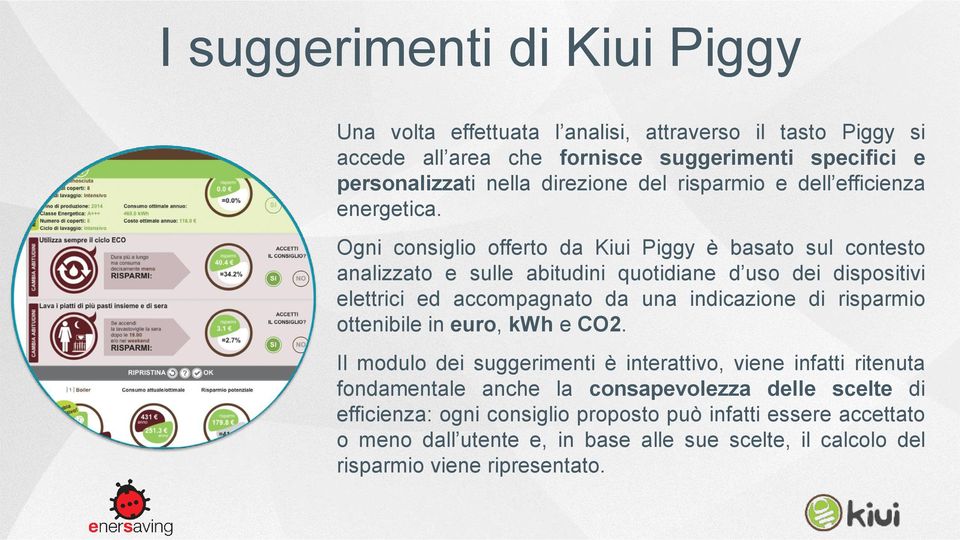 Ogni consiglio offerto da Kiui Piggy è basato sul contesto analizzato e sulle abitudini quotidiane d uso dei dispositivi elettrici ed accompagnato da una indicazione di