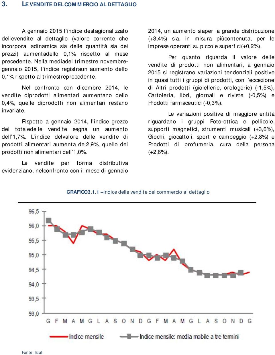 Nel confronto con dicembre 2014, le vendite diprodotti alimentari aumentano dello 0,4%, quelle diprodotti non alimentari restano invariate.