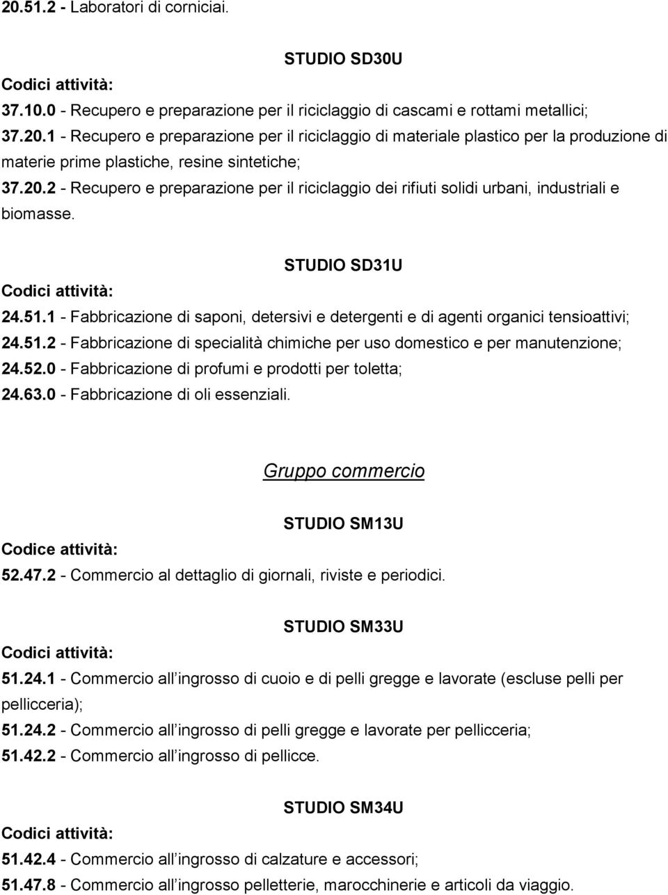 1 - Fabbricazione di saponi, detersivi e detergenti e di agenti organici tensioattivi; 24.51.2 - Fabbricazione di specialità chimiche per uso domestico e per manutenzione; 24.52.