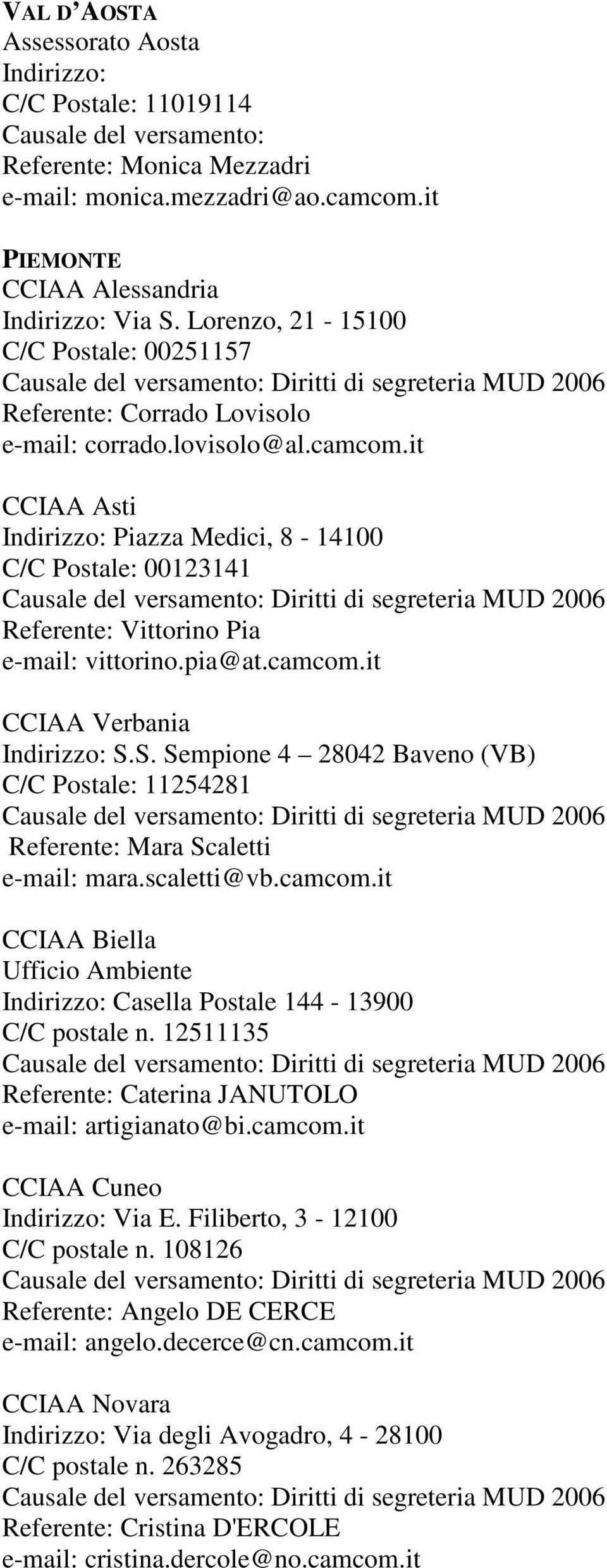 S. Sempione 4 28042 Baveno (VB) C/C Postale: 11254281 Mara Scaletti mara.scaletti@vb.camcom.it CCIAA Biella Ufficio Ambiente Casella Postale 144-13900 C/C postale n.