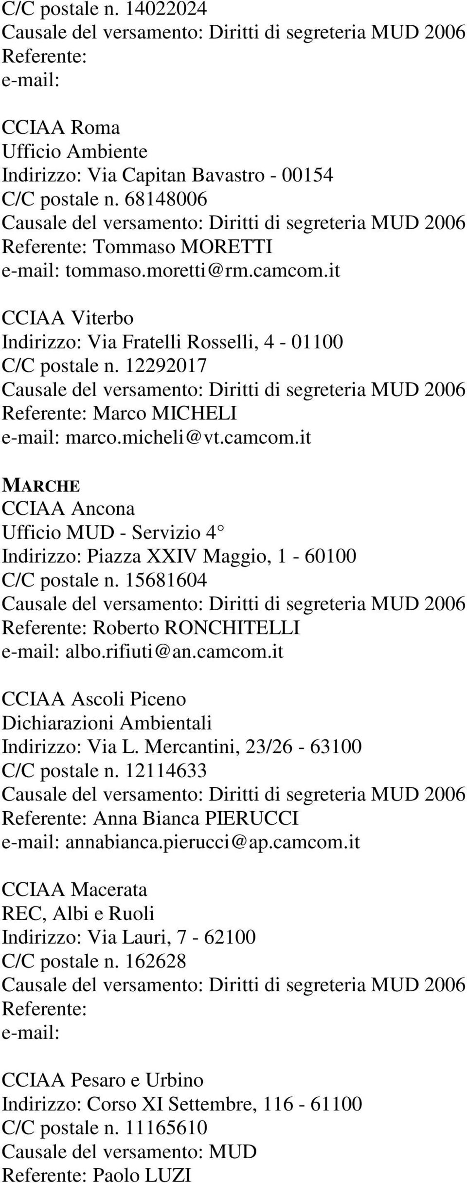 it MARCHE CCIAA Ancona Ufficio MUD - Servizio 4 Piazza XXIV Maggio, 1-60100 C/C postale n. 15681604 Roberto RONCHITELLI albo.rifiuti@an.camcom.