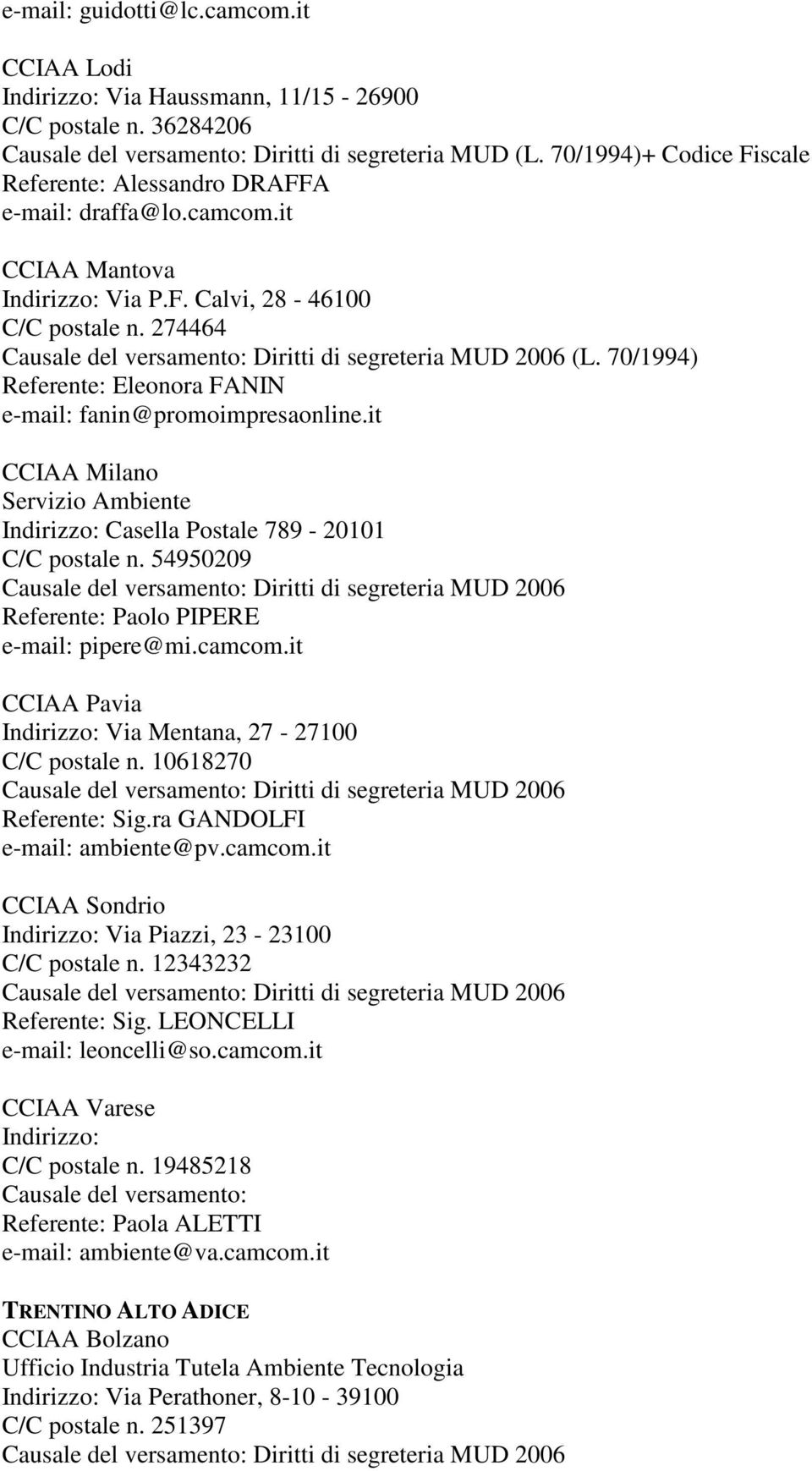 it CCIAA Pavia Via Mentana, 27-27100 C/C postale n. 10618270 Sig.ra GANDOLFI ambiente@pv.camcom.it CCIAA Sondrio Via Piazzi, 23-23100 C/C postale n. 12343232 Sig. LEONCELLI leoncelli@so.camcom.it CCIAA Varese C/C postale n.