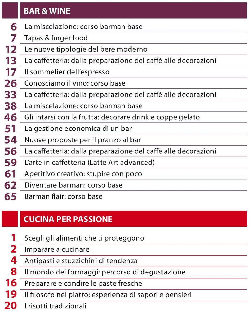 decorare drink e coppe gelato La gestione economica di un bar Nuove proposte per il pranzo al bar La caffetteria: dalla preparazione del caffè alle decorazioni L arte in caffetteria (Latte Art