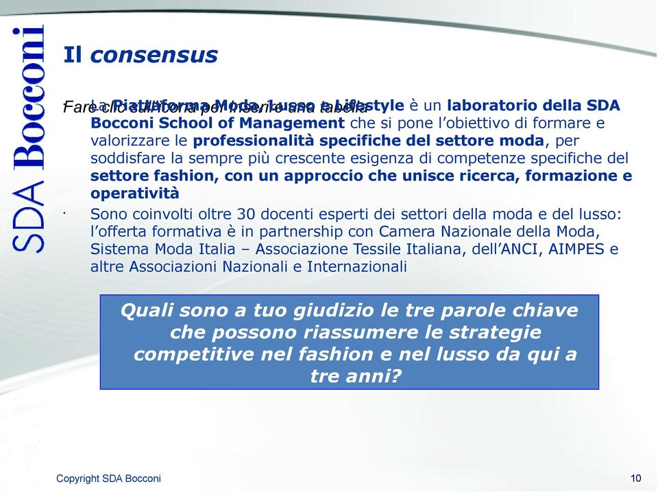 formazione e operatività Sono coinvolti oltre 30 docenti esperti dei settori della moda e del lusso: l offerta formativa è in partnership con Camera Nazionale della Moda, Sistema Moda Italia