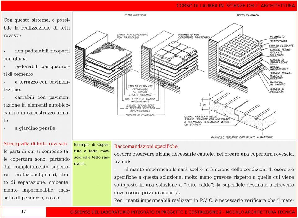 completamento superiore: protezione(ghiaia), strato di separazione, coibente, manto impermeabile, massetto di pendenza, solaio. Esempio di Copertura a tetto rovescio ed a tetto sandwich.