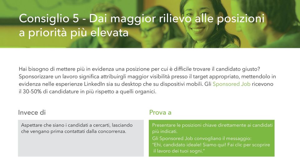 Gli Sponsored Job ricevono il 30-50% di candidature in più rispetto a quelli organici. Aspettare che siano i candidati a cercarti, lasciando che vengano prima contattati dalla concorrenza.