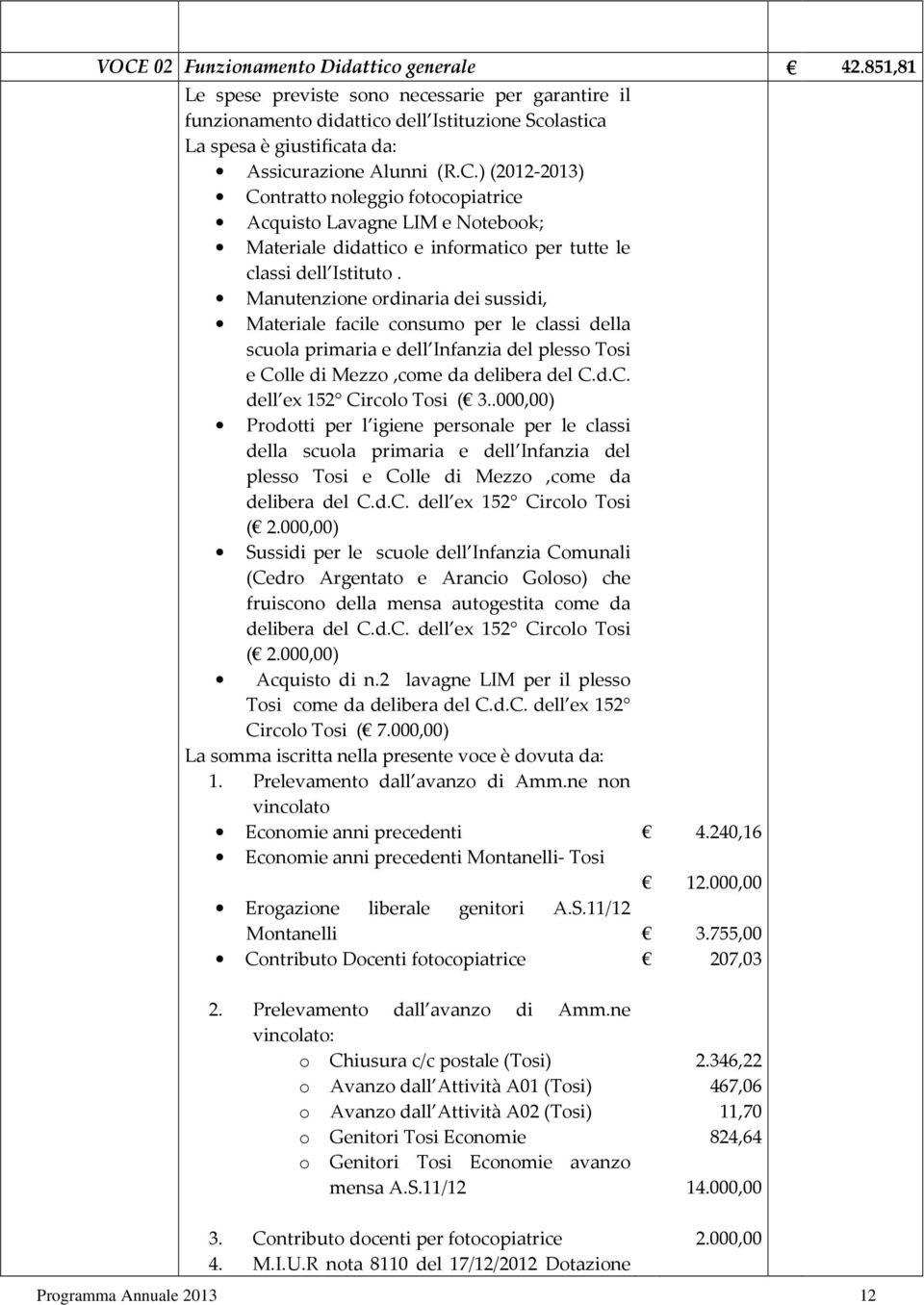 ) (2012-2013) Contratto noleggio fotocopiatrice Acquisto Lavagne LIM e Notebook; Materiale didattico e informatico per tutte le classi dell Istituto.