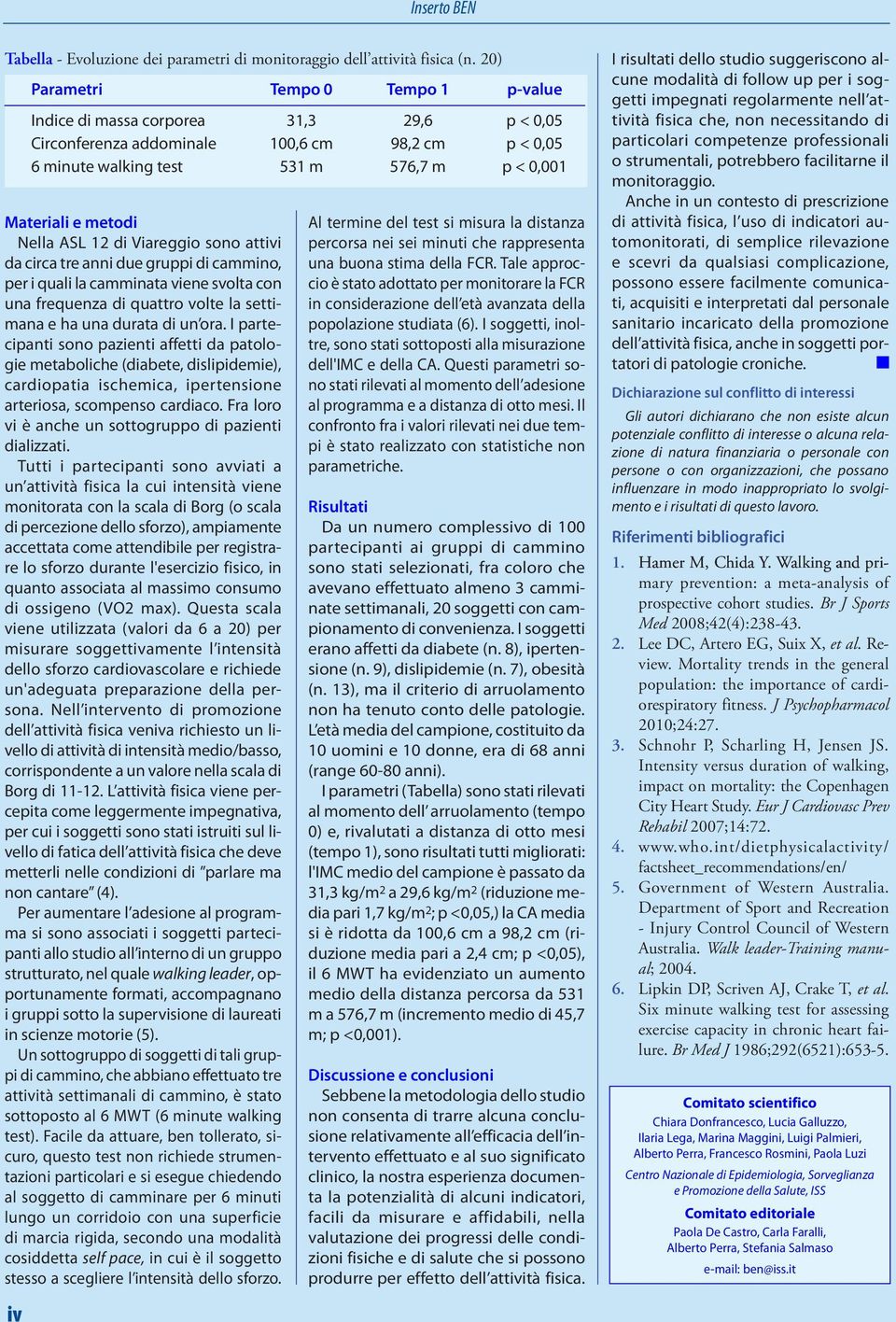 durata di un ora. I partecipanti sono pazienti affetti da patologie metaboliche (diabete, dislipidemie), cardiopatia ischemica, ipertensione arteriosa, scompenso cardiaco.