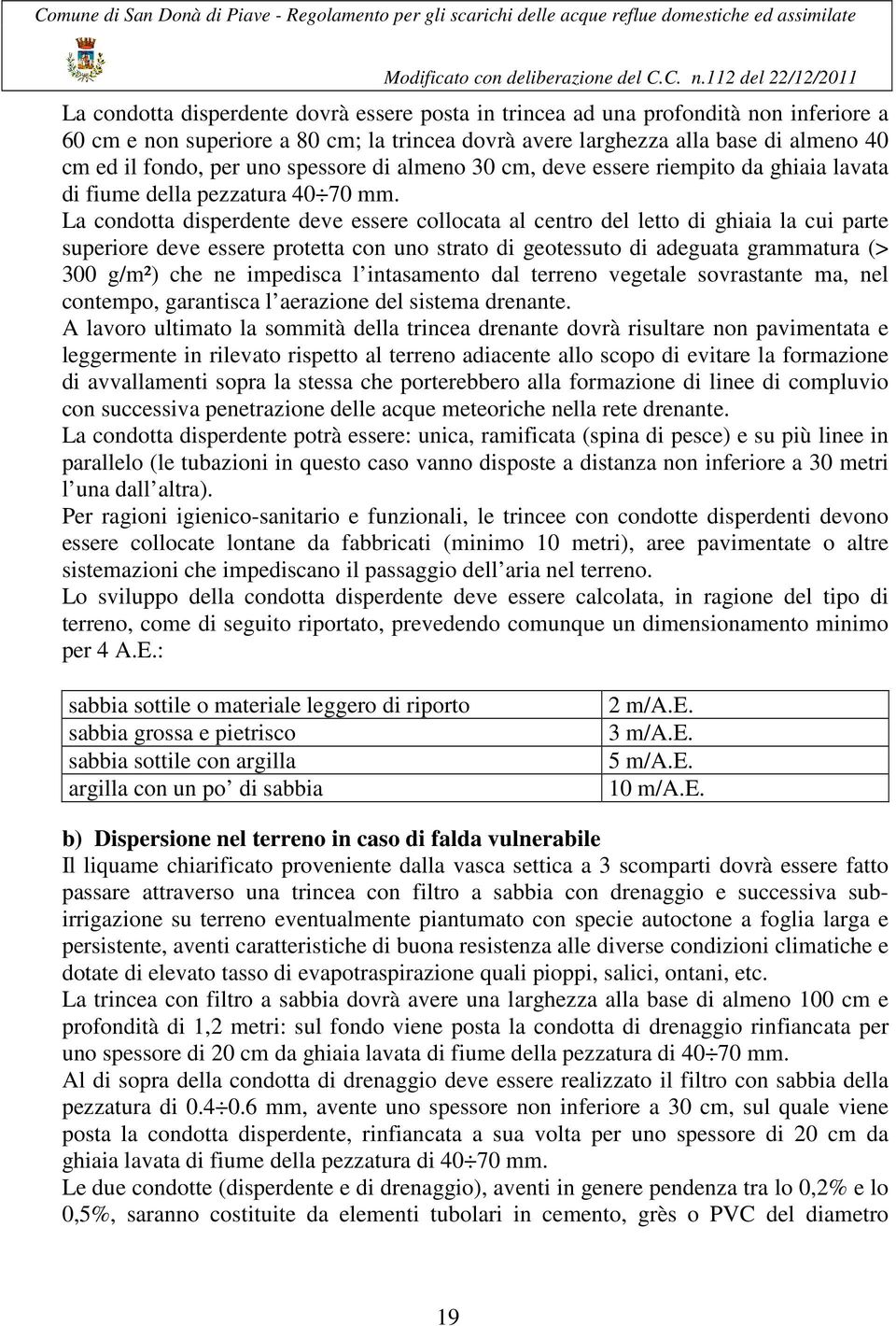 La condotta disperdente deve essere collocata al centro del letto di ghiaia la cui parte superiore deve essere protetta con uno strato di geotessuto di adeguata grammatura (> 300 g/m²) che ne