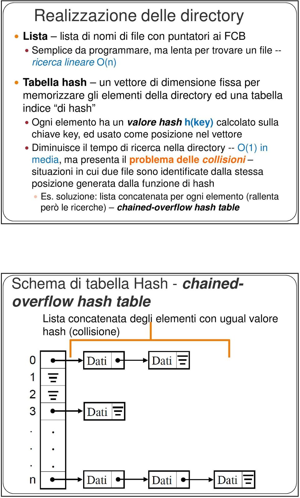 tempo di ricerca nella directory -- O(1) in media, ma presenta il problema delle collisioni situazioni in cui due file sono identificate dalla stessa posizione generata dalla funzione di hash Es.