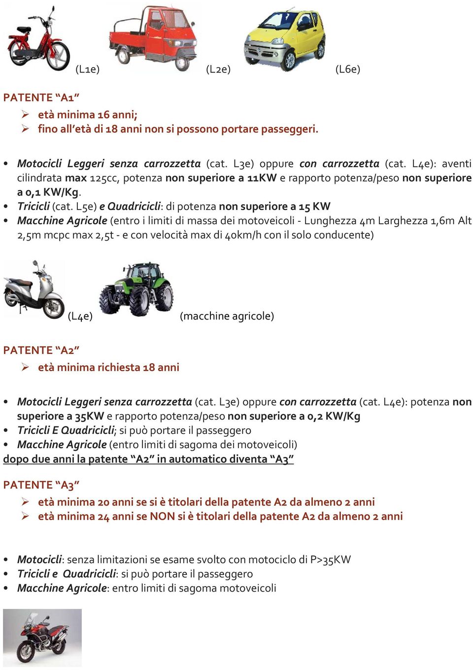 L5e) e Quadricicli: di potenza non superiore a 15 KW Macchine Agricole (entro i limiti di massa dei motoveicoli Lunghezza 4m Larghezza 1,6m Alt 2,5m mcpc max 2,5t e con velocità max di 40km/h con il