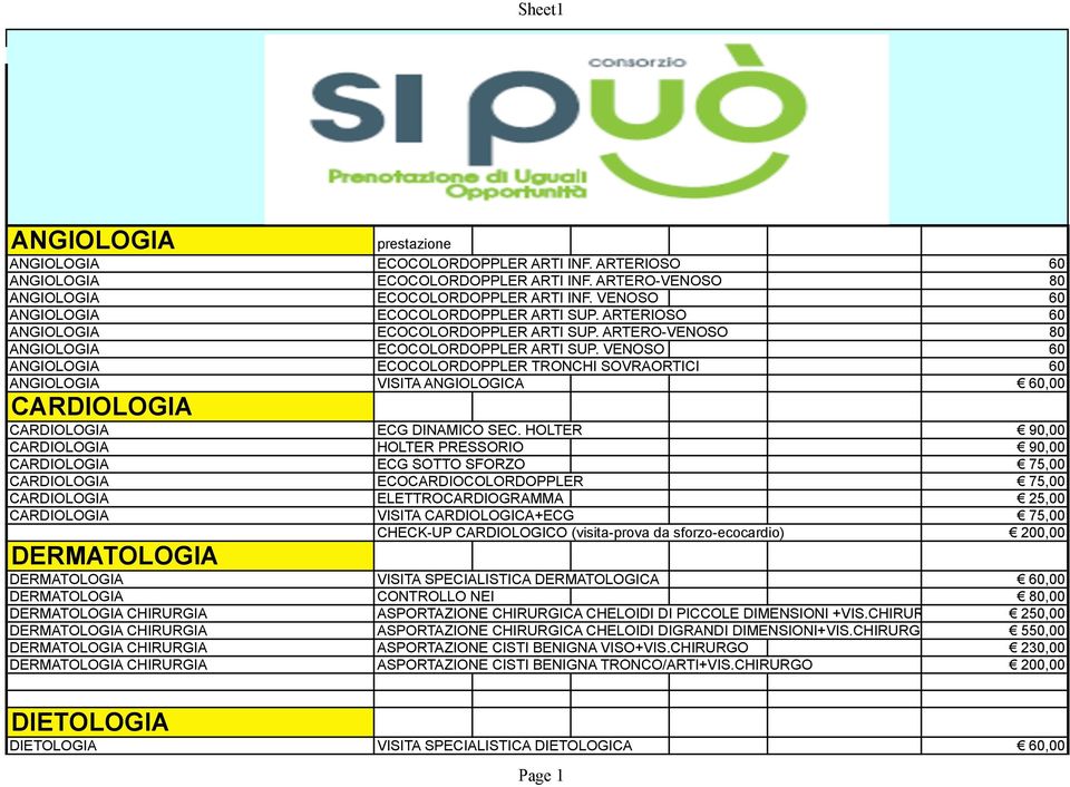 ARTERO-VENOSO 80 ANGIOLOGIA ECOCOLORDOPPLER ARTI SUP. VENOSO 60 ANGIOLOGIA ECOCOLORDOPPLER TRONCHI SOVRAORTICI 60 ANGIOLOGIA VISITA ANGIOLOGICA 60,00 CARDIOLOGIA CARDIOLOGIA ECG DINAMICO SEC.