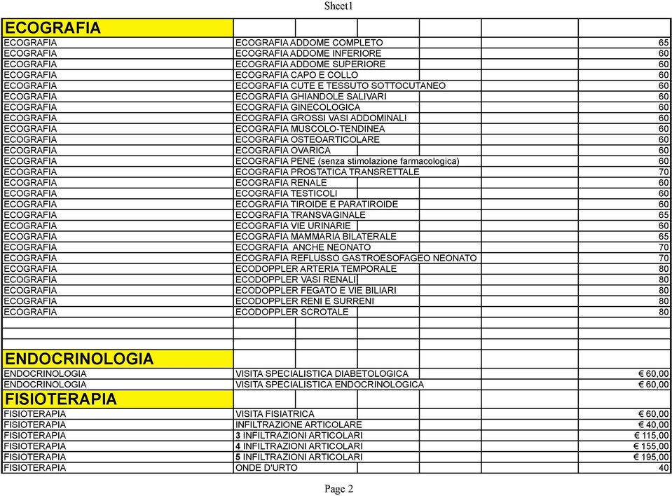 OSTEOARTICOLARE 60 ECOGRAFIA ECOGRAFIA OVARICA 60 ECOGRAFIA ECOGRAFIA PENE (senza stimolazione farmacologica) 60 ECOGRAFIA ECOGRAFIA PROSTATICA TRANSRETTALE 70 ECOGRAFIA ECOGRAFIA RENALE 60 ECOGRAFIA