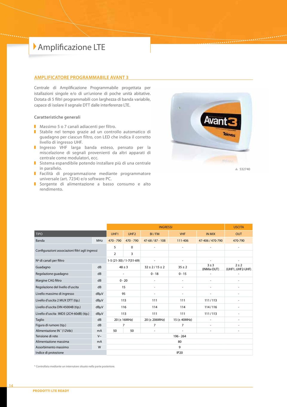 Stabile nel tempo grazie ad un controllo automatico di guadagno per ciascun filtro, con LED che indica il corretto livello di ingresso UHF.