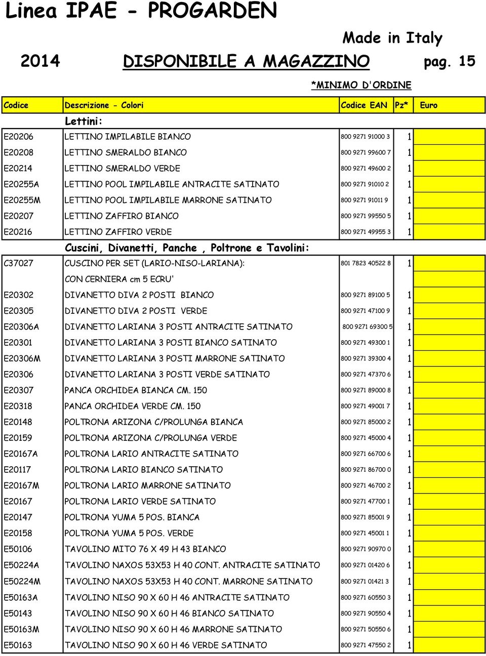 ANTRACITE SATINATO 800 9271 91010 2 1 E20255M LETTINO POOL IMPILABILE MARRONE SATINATO 800 9271 91011 9 1 E20207 LETTINO ZAFFIRO BIANCO 800 9271 99550 5 1 E20216 LETTINO ZAFFIRO VERDE 800 9271 49955