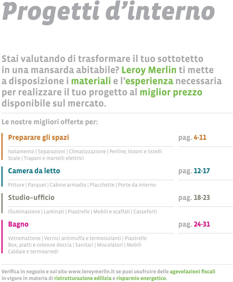 Le nostre migliori offerte per: Preparare gli spazi pag. 4-11 Isolamento Separazioni Climatizzazione Perline, listoni e listelli Scale Trapani e martelli elettrici Camera da letto pag.