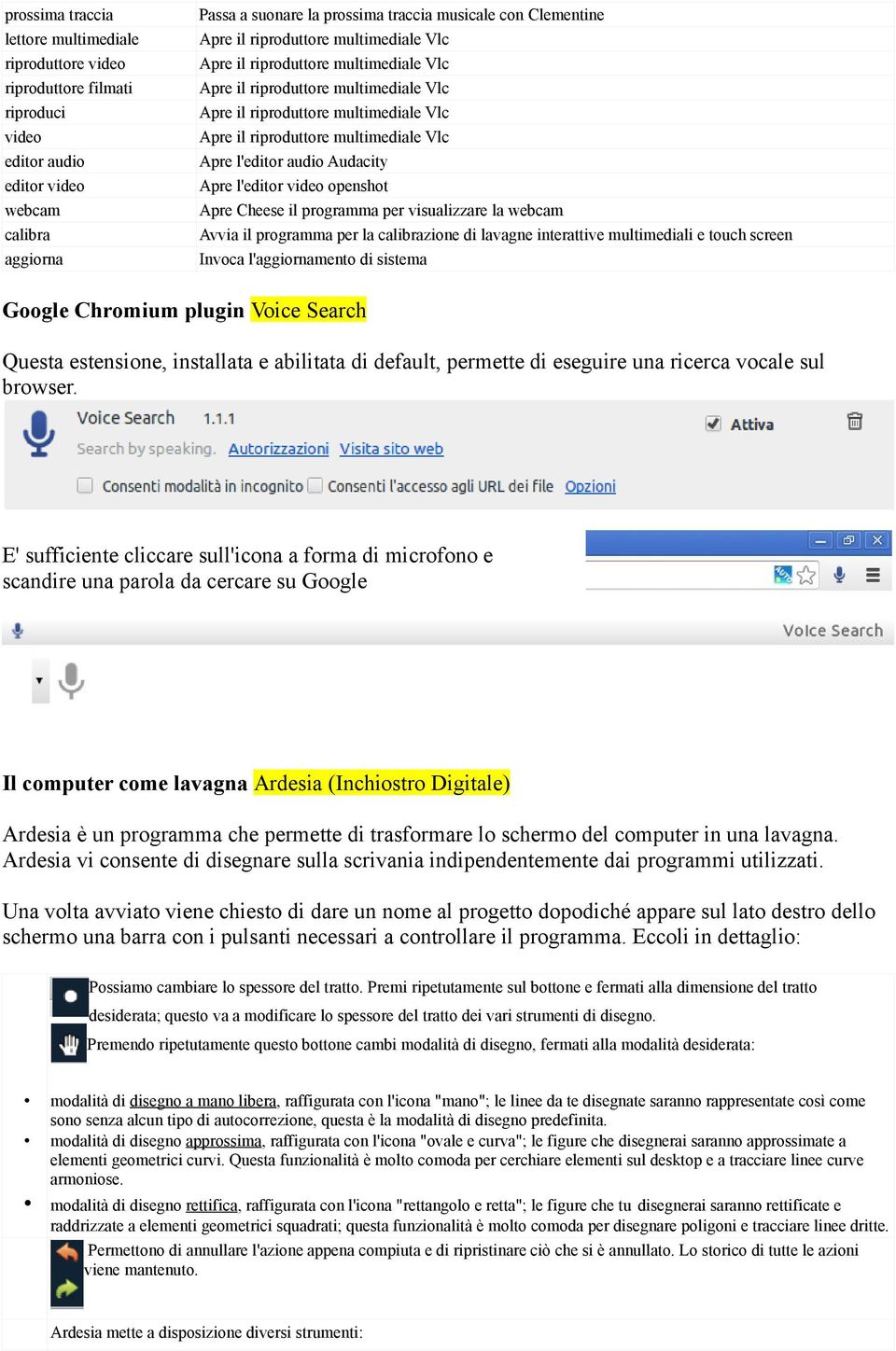 Vlc Apre l'editor audio Audacity Apre l'editor video openshot Apre Cheese il programma per visualizzare la webcam Avvia il programma per la calibrazione di lavagne interattive multimediali e touch