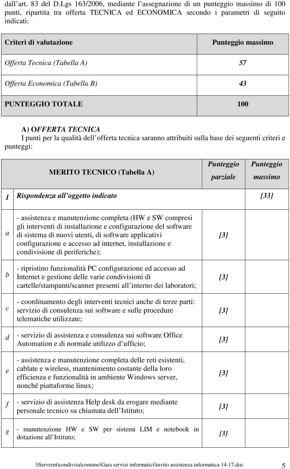 Tecnica (Tabella A) 57 Offerta Economica (Tabella B) 43 PUNTEGGIO TOTALE 100 A) OFFERTA TECNICA I punti per la qualità dell offerta tecnica saranno attribuiti sulla base dei seguenti criteri e