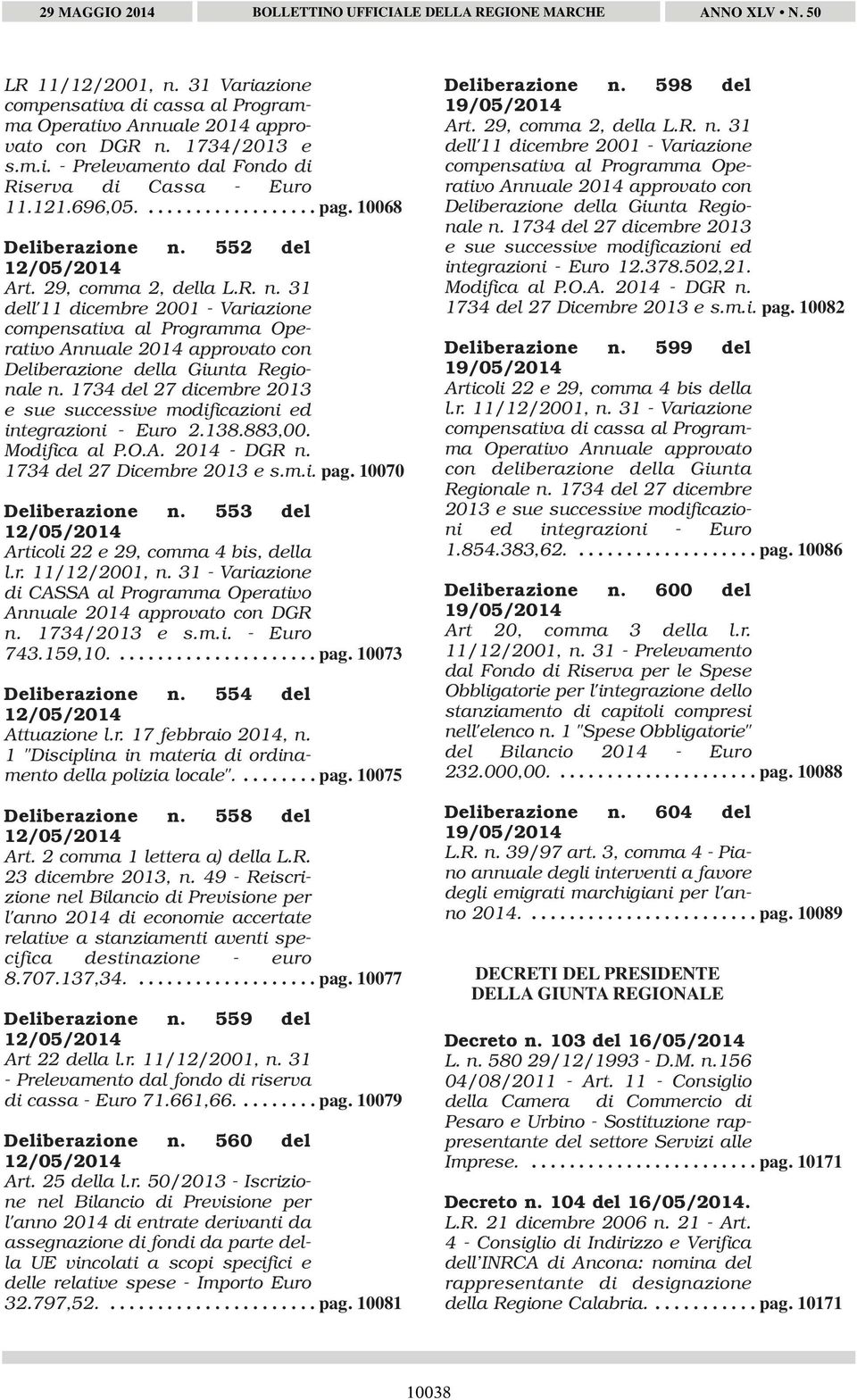 1734 del 27 dicembre 2013 e sue successive modificazioni ed integrazioni - Euro 2.138.883,00. Modifica al P.O.A. 2014 - DGR n. 1734 del 27 Dicembre 2013 e s.m.i. pag. 10070 Deliberazione n.