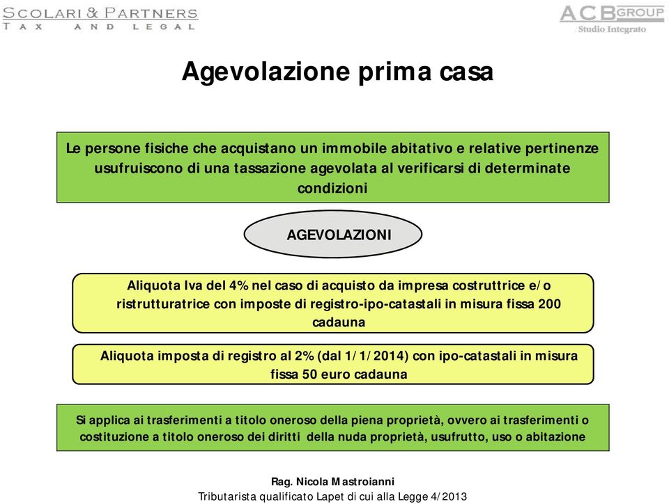 misura fissa 200 cadauna Aliquota imposta di registro al 2% (dal 1/1/2014) con ipo-catastali in misura fissa 50 euro cadauna Si applica ai trasferimenti