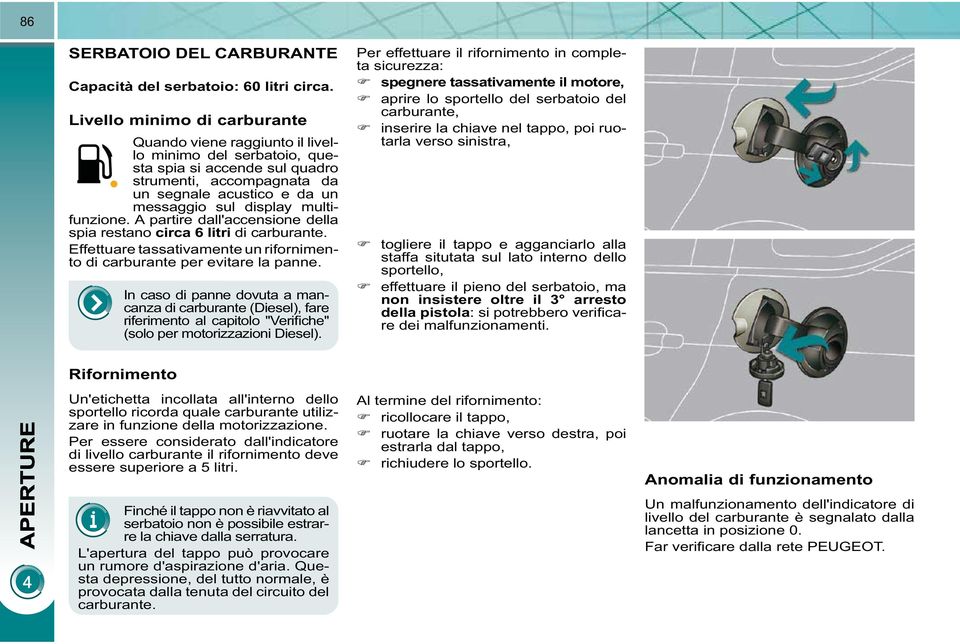 multifunzione. A partire dall'accensione della spia restano circa 6 litri di carburante. Effettuare tassativamente un rifornimento di carburante per evitare la panne.