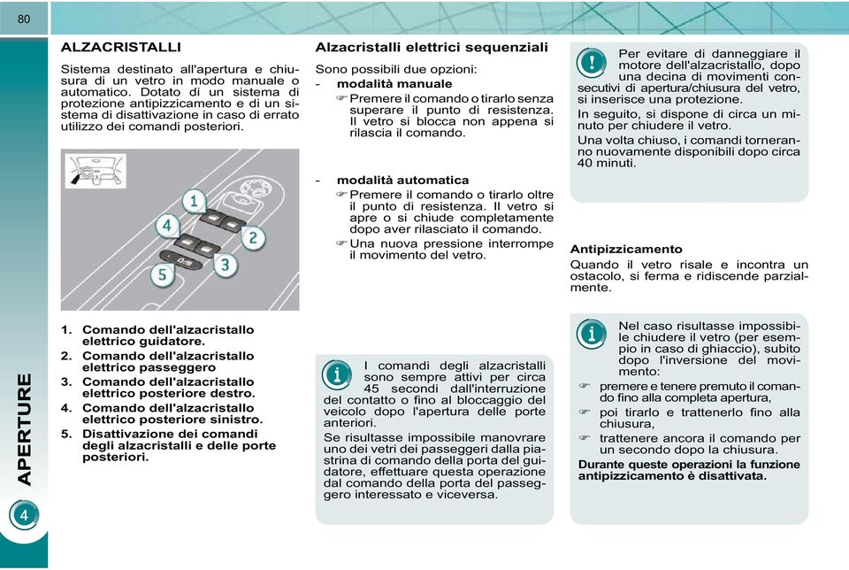 Alzacristalli elettrici sequenziali Sono possibili due opzioni: - modalità manuale Premere il comando o tirarlo senza superare il punto di resistenza.