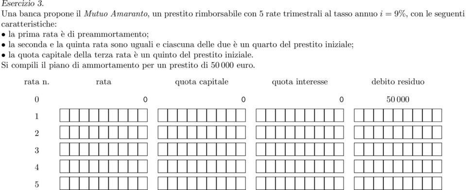 caratteristiche: la prima rata è di preammortamento; la seconda e la quinta rata sono uguali e ciascuna delle due è un quarto