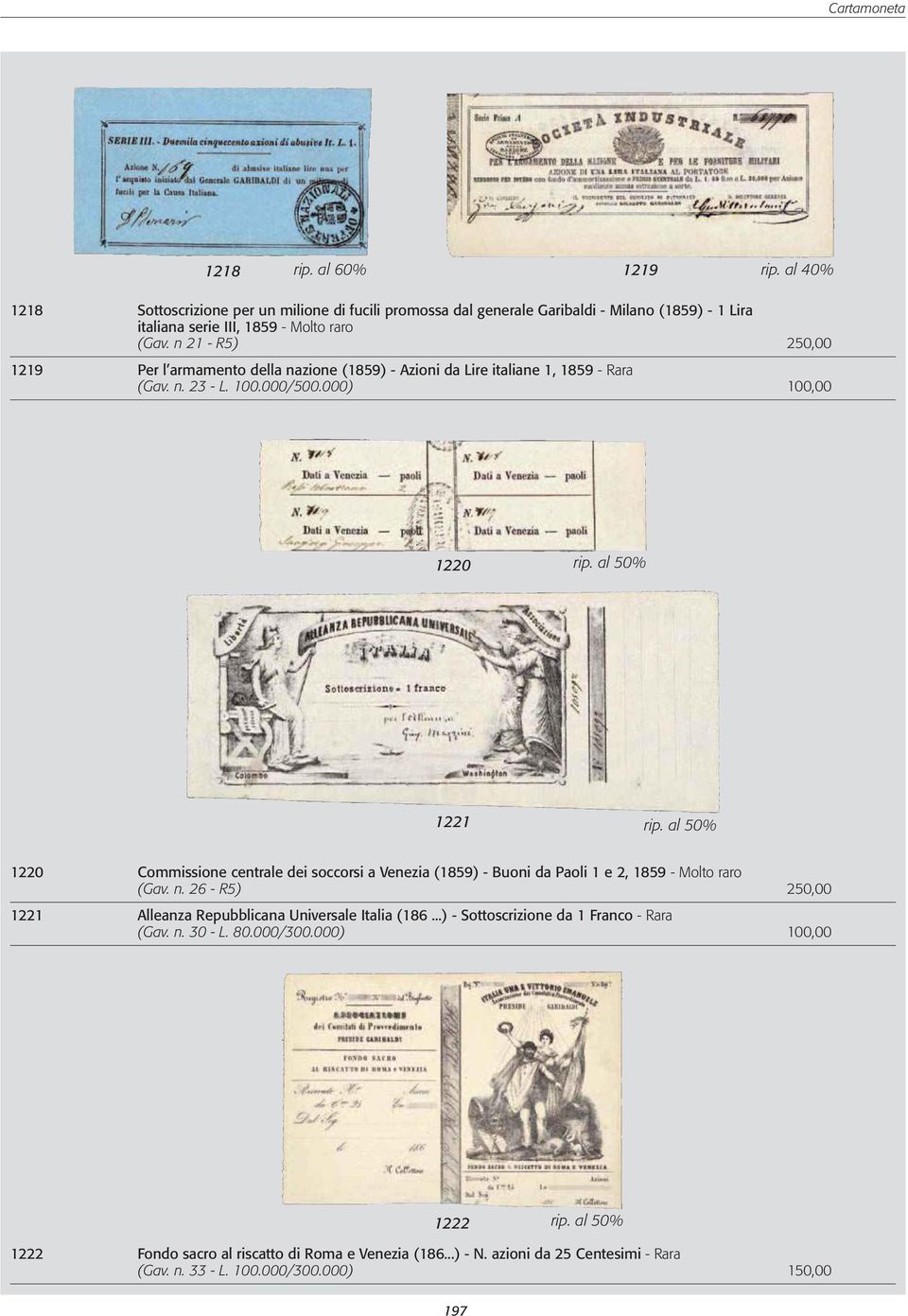 000) 100,00 1220 1221 1220 Commissione centrale dei soccorsi a Venezia (1859) - Buoni da Paoli 1 e 2, 1859 - Molto raro (Gav. n.