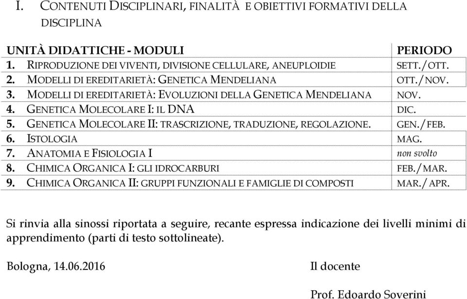 GENETICA MOLECOLARE II: TRASCRIZIONE, TRADUZIONE, REGOLAZIONE. GEN./FEB. 6. ISTOLOGIA MAG. 7. ANATOMIA E FISIOLOGIA I non svolto 8. CHIMICA ORGANICA I: GLI IDROCARBURI FEB./MAR. 9.