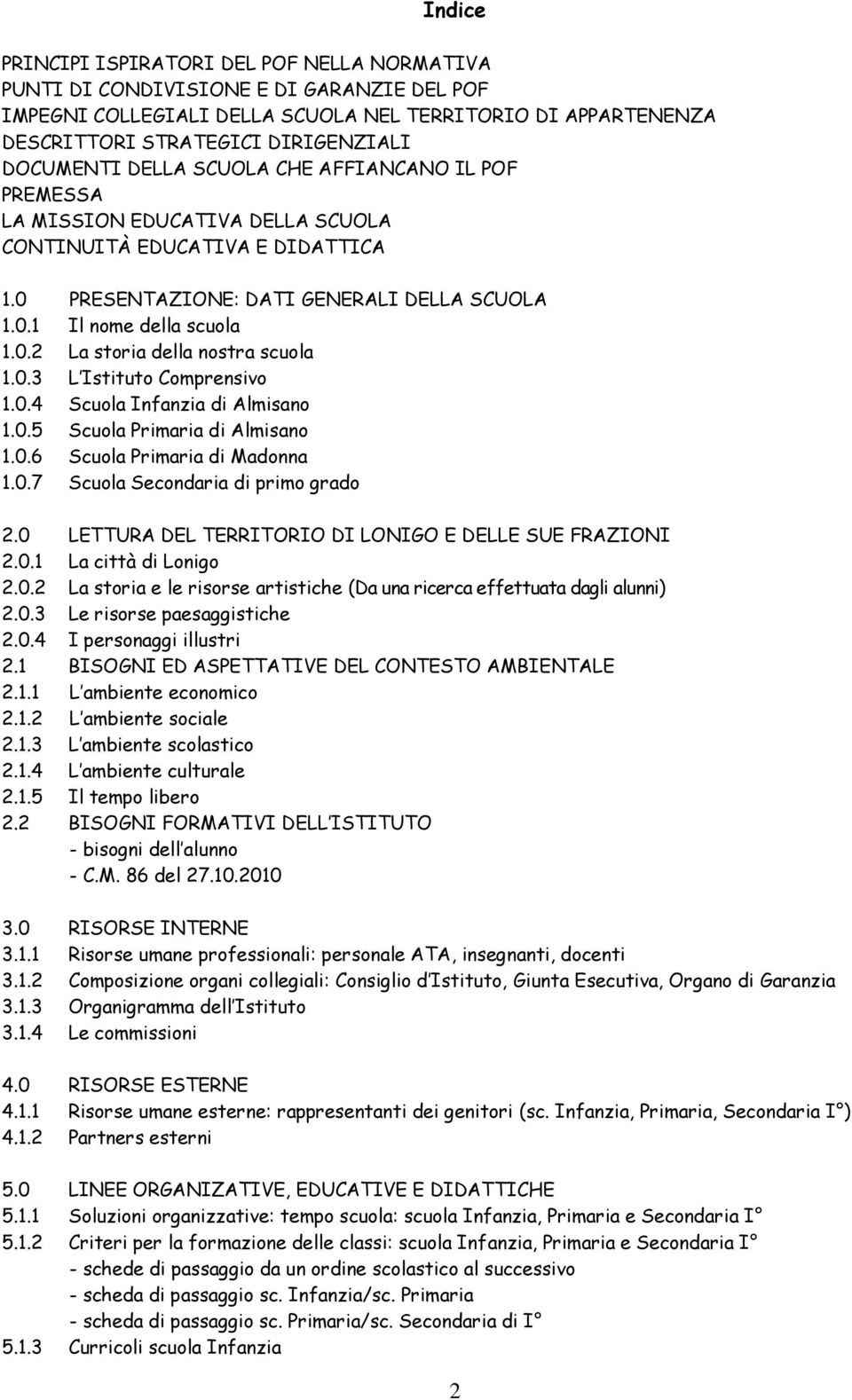 0.3 L Istituto Comprensivo 1.0.4 Scuola Infanzia di Almisano 1.0.5 Scuola Primaria di Almisano 1.0.6 Scuola Primaria di Madonna 1.0.7 Scuola Secondaria di primo grado 2.