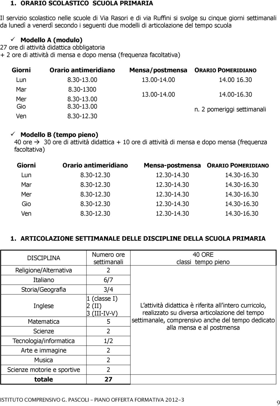 Mensa/postmensa ORARIO POMERIDIANO Lun 8.30-13.00 13.00-14.00 Mar 8.30-1300 Mer 8.30-13.00 Gio 8.30-13.00 Ven 8.30-12.30 13.00-14.00 14.00 16.30 14.00-16.30 n.