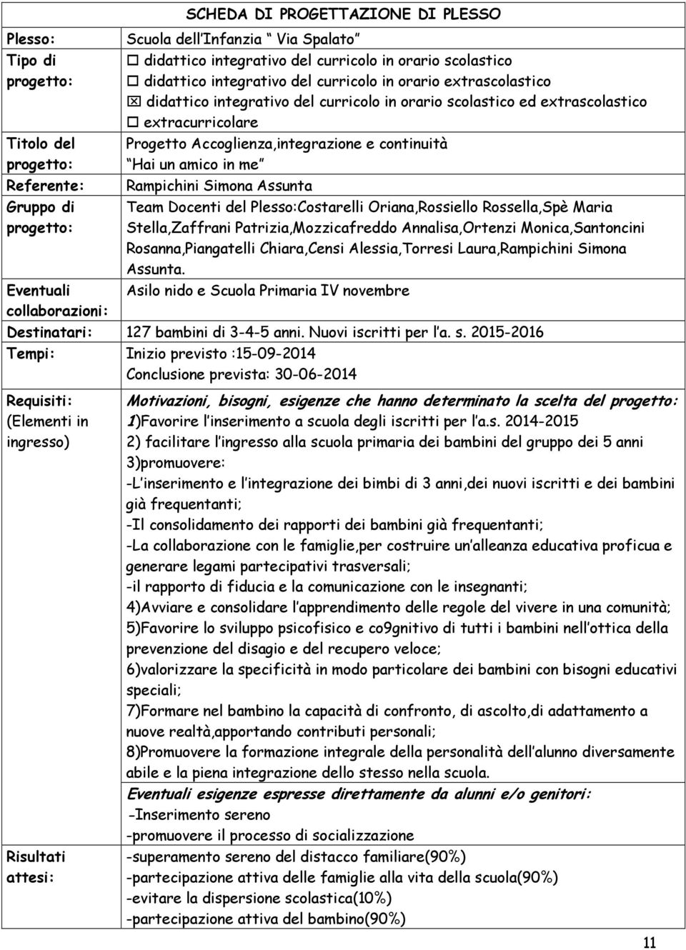 Annalisa,Ortenzi Monica,Santoncini Rosanna,Piangatelli Chiara,Censi Alessia,Torresi Laura,Rampichini Simona Assunta. Asilo nido e Scuola Primaria IV novembre 127 bambini di 3-4-5 anni.