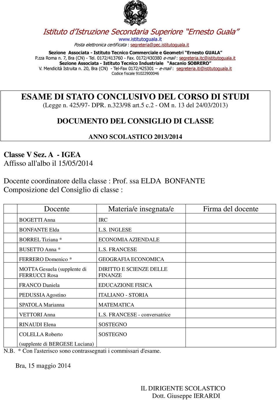 20, Bra (CN) - Tel-Fax 0172/425301 e-mail : segreteria.iti@istitutoguala.it Codice fiscale 91022900046 ESAME DI STATO CONCLUSIVO DEL CORSO DI STUDI (Legge n. 425/97- DPR. n.323/98 art.5 c.2 - OM n.