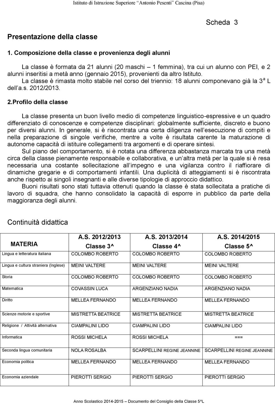 da altro Istituto. La classe è rimasta molto stabile nel corso del triennio: 18 alunni componevano già la 3 a L dell a.s. 20