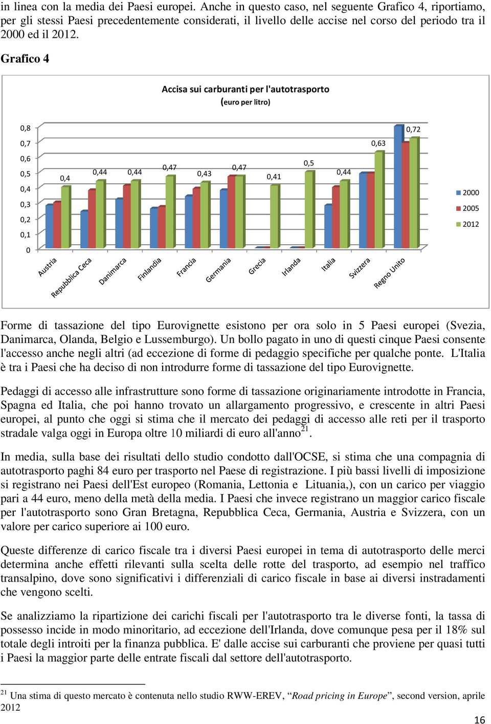 Grafico 4 Accisa sui carburanti per l'autotrasporto (euro per litro) 0,8 0,72 0,7 0,63 0,6 0,5 0,4 0,3 0,2 0,1 0,4 0,44 0,44 0,47 0,43 0,47 0,41 0,5 0,44 2000 2005 2012 0 Forme di tassazione del tipo