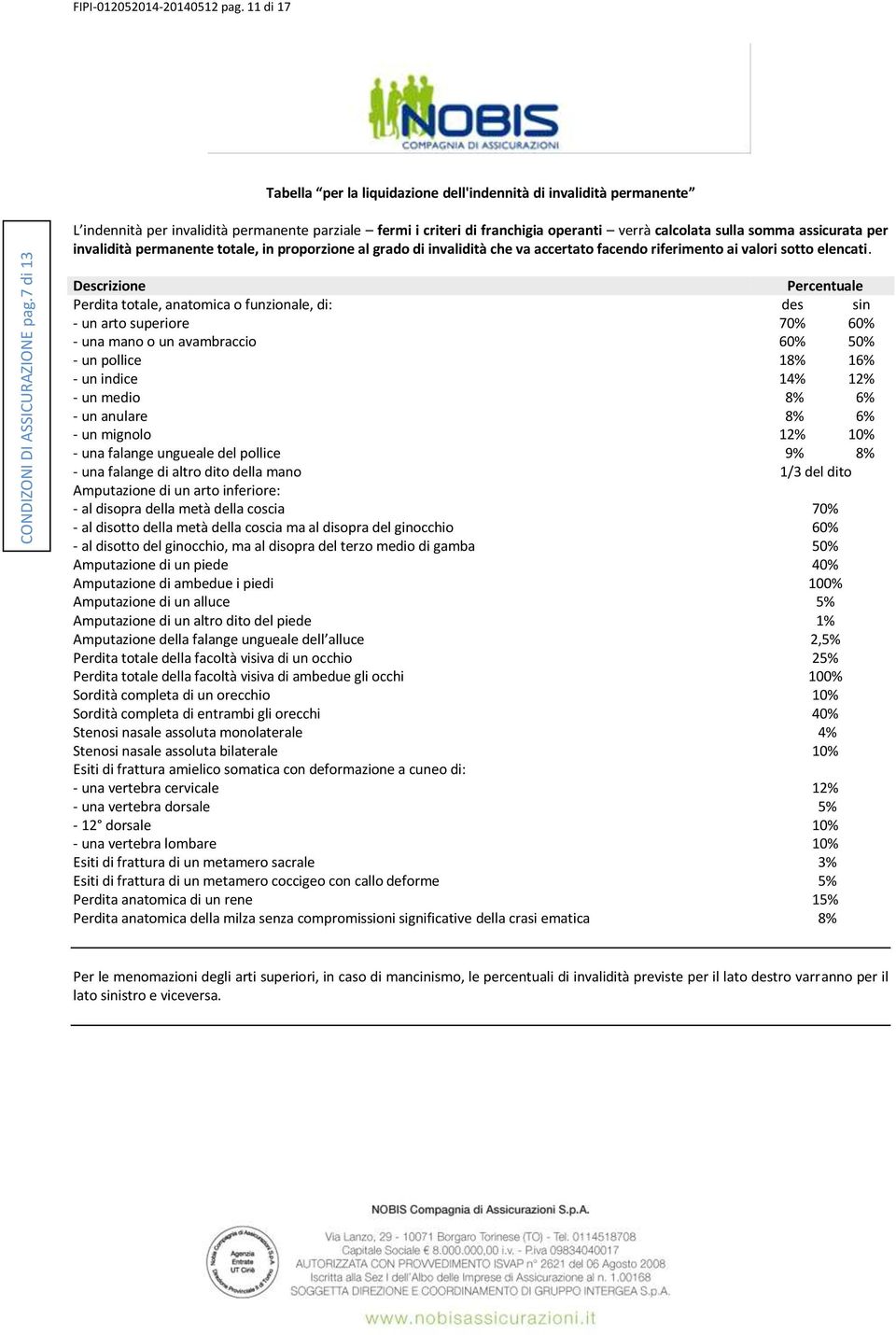 assicurata per invalidità permanente totale, in proporzione al grado di invalidità che va accertato facendo riferimento ai valori sotto elencati.