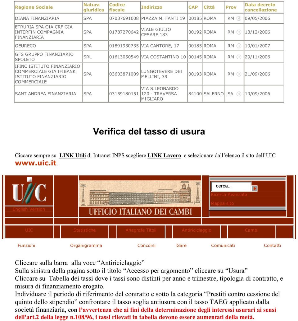 ROMA RM 19/01/2007 GFS GRUPPO FINANZIARIO SPOLETO IFINC ISTITUTO FINANZIARIO COMMERCIALE GIA IFIBANK ISTITUTO FINANZIARIO COMMERCIALE SRL 01613050549 VIA COSTANTINO 10 00145 ROMA RM 29/11/2006 SPA