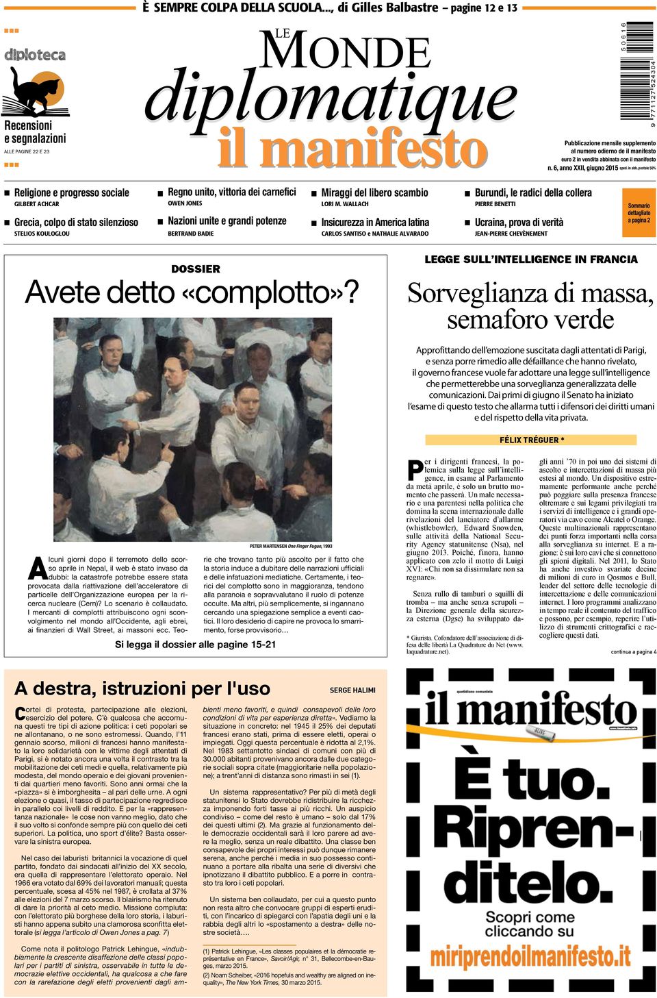 vendita abbinata con il manifesto n. 6, anno XXII, giugno 2015 sped. in abb.