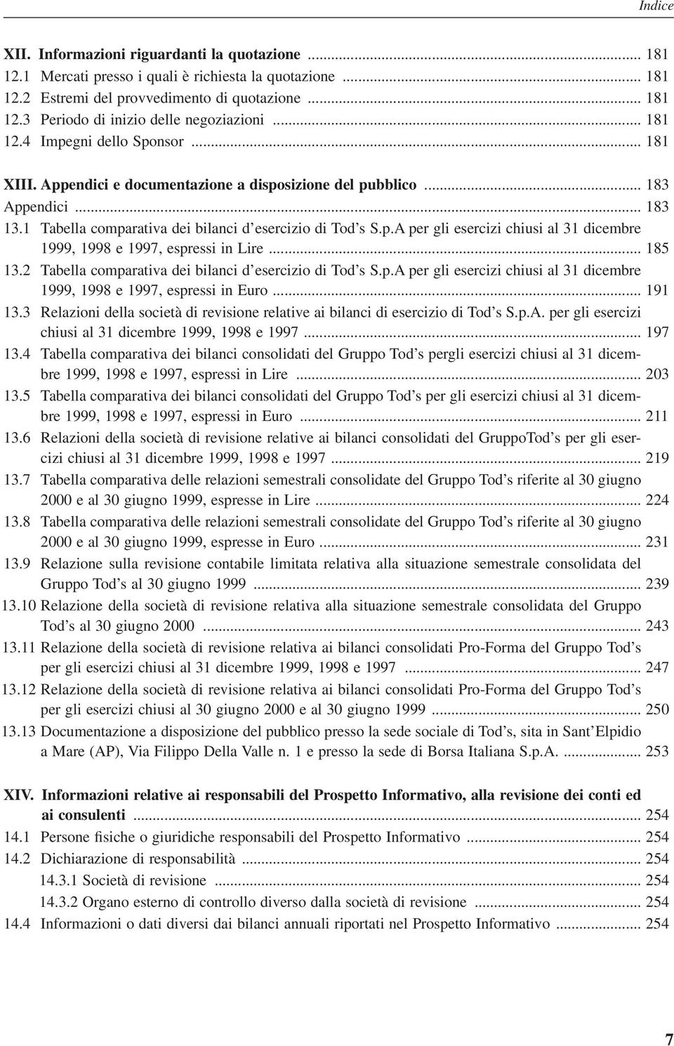 .. 185 13.2 Tabella comparativa dei bilanci d esercizio di Tod s S.p.A per gli esercizi chiusi al 31 dicembre 1999, 1998 e 1997, espressi in Euro... 191 13.