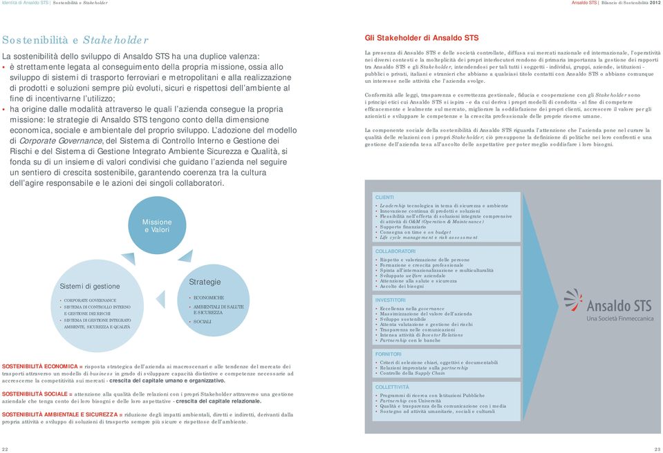 incentivarne l utilizzo; ha origine dalle modalità attraverso le quali l azienda consegue la propria missione: le strategie di Ansaldo STS tengono conto della dimensione economica, sociale e