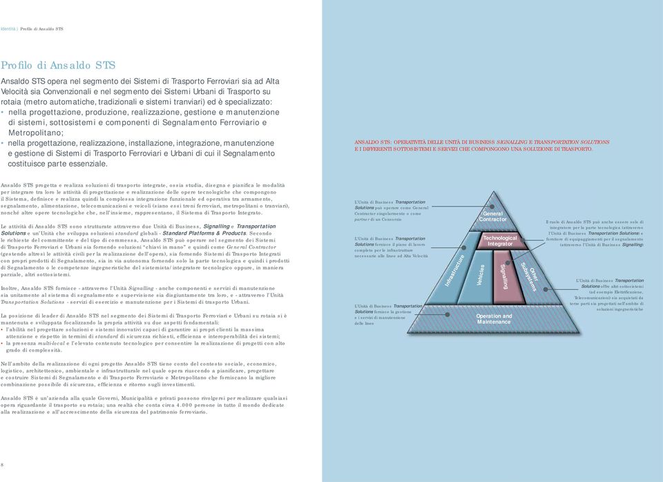 componenti di Segnalamento Ferroviario e Metropolitano; nella progettazione, realizzazione, installazione, integrazione, manutenzione e gestione di Sistemi di Trasporto Ferroviari e Urbani di cui il