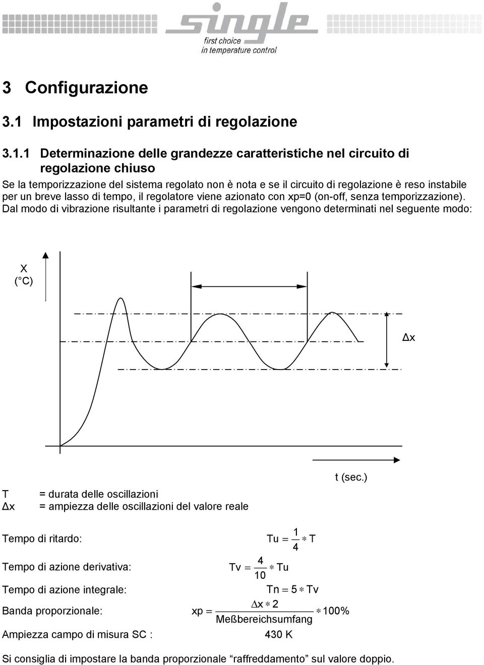 1 Determinazione delle grandezze caratteristiche nel circuito di regolazione chiuso Se la temporizzazione del sistema regolato non è nota e se il circuito di regolazione è reso instabile per un breve