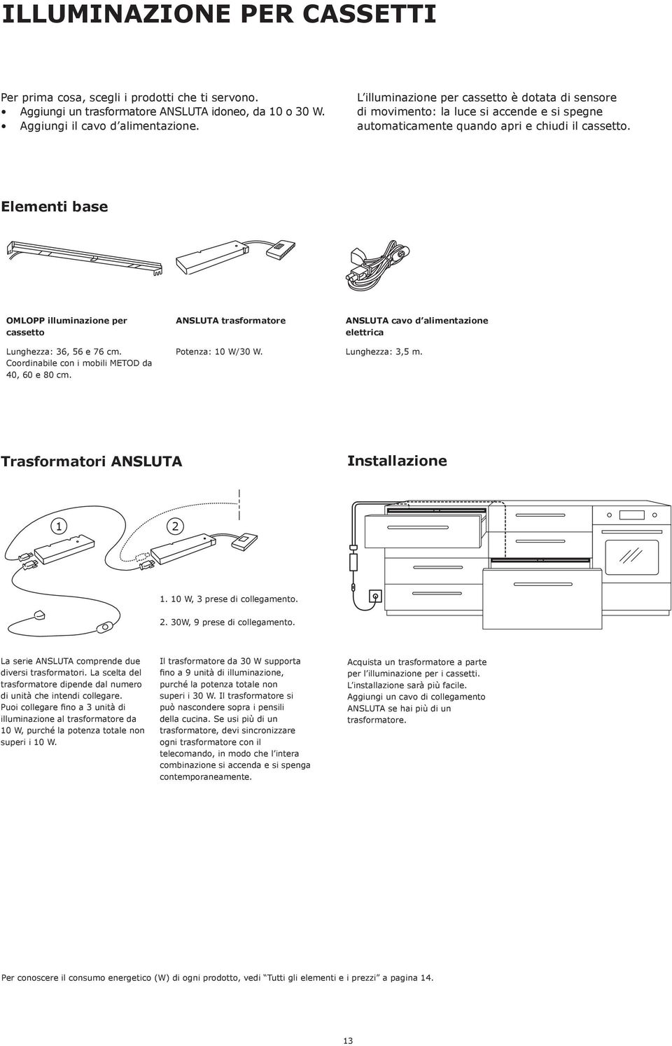 Elementi base OMLOPP illuminazione per cassetto ANSLUTA trasformatore ANSLUTA cavo d alimentazione elettrica Lunghezza: 36, 56 e 76 cm. Coordinabile con i mobili METOD da 40, 60 e 80 cm.