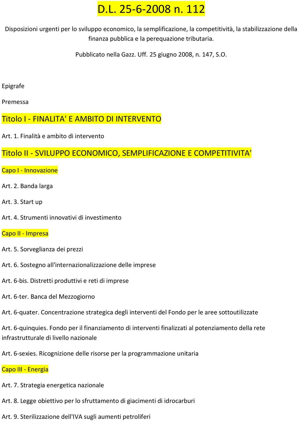 2. Banda larga Art. 3. Start up Art. 4. Strumenti innovativi di investimento Capo II - Impresa Art. 5. Sorveglianza dei prezzi Art. 6. Sostegno all'internazionalizzazione delle imprese Art. 6-bis.