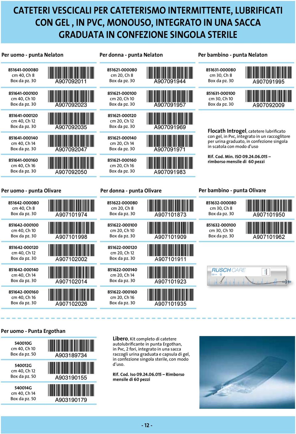 A907092009 851641-000120 851641-000140 851621-000120 851621-000140 cm 20, Ch 14 Flocath Introgel, catetere lubrificato con gel, in Pvc, integrato in un raccoglitore per urina graduato, in confezione