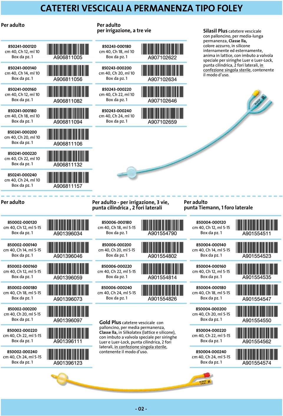 850243-000240 cm 40, Ch 24, ml 10 Silasil Plus catetere vescicale con palloncino, per media-lunga permanenza, Classe lla, colore azzurro, in silicone internamente ed esternamente, anima in lattice,