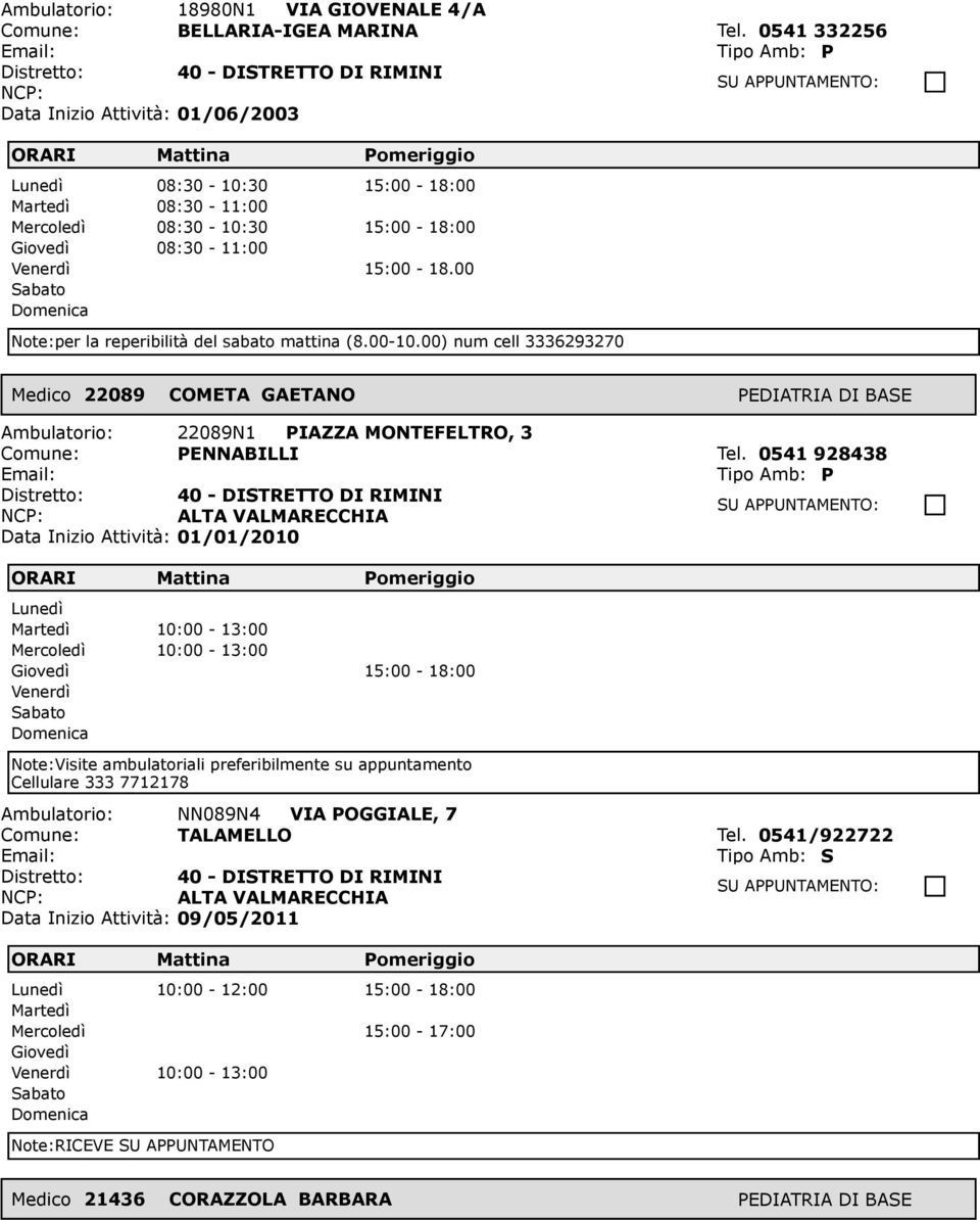 0541 928438 ALTA VALMARECCHIA Data Inizio Attività: 01/01/2010 10:00-13:00 10:00-13:00 Visite ambulatoriali preferibilmente su appuntamento Cellulare 333 7712178 Ambulatorio: NN089N4